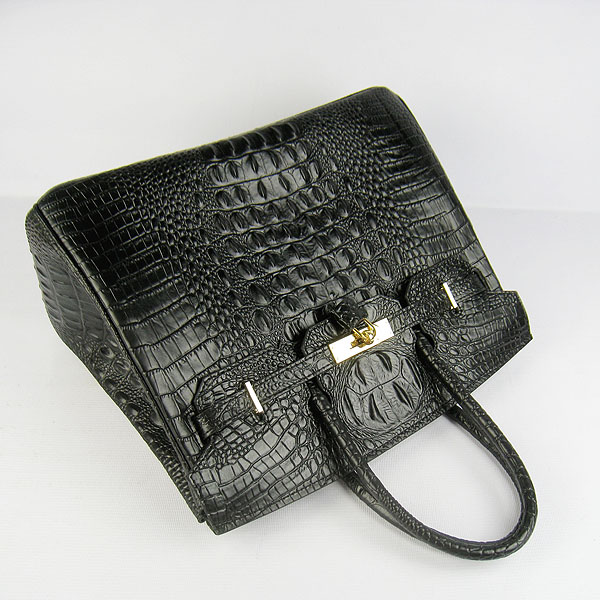 High Quality Fake Hermes Birkin 35CM Crocodile Head Veins Leather Bag Black 6089